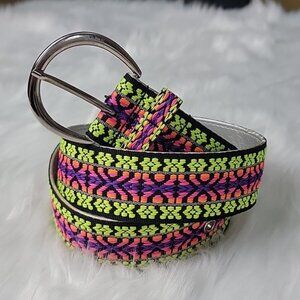 JUSTICE‎ Girl's Y2K 80s Neon Embroidered Stitched Boho Silver Hardware Belt L